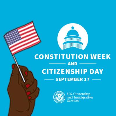 Text Constitution Day and Citizenship Day September 17th with a graphic of a hand waving a flag