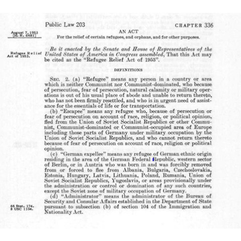Image of Text from the Refugee Relief Act of 1953.
