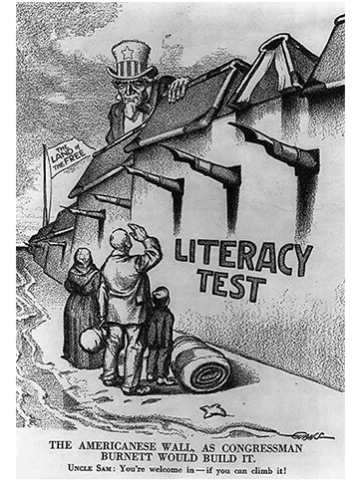 Illustration: This Political cartoon by Raymond O. Evans originally appeared in the magazine Puck in March 1916.  It portrays the literacy test eventually introduced by the Immigration Act of 1917 as a wall preventing many immigrants from entering the U.S. Courtesy of the Library of Congress.